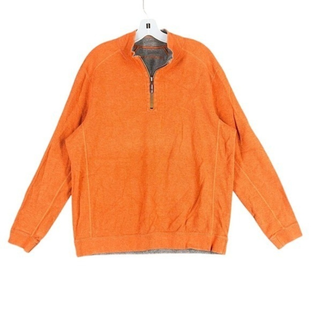 Tommy Bahama Reversible Quarter Zip Pullover Mens L Orange Grey Cotton Sweater